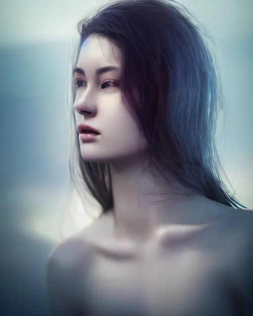 Image similar to photo half body portrait of woman in her 2 0 s, realism, extreme detail, real life skin, key art, soft light, volumetric light, 3 - d shadows, photo by ross tran, photoshoot