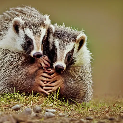 Image similar to two badgers hugging, digital photography, HD