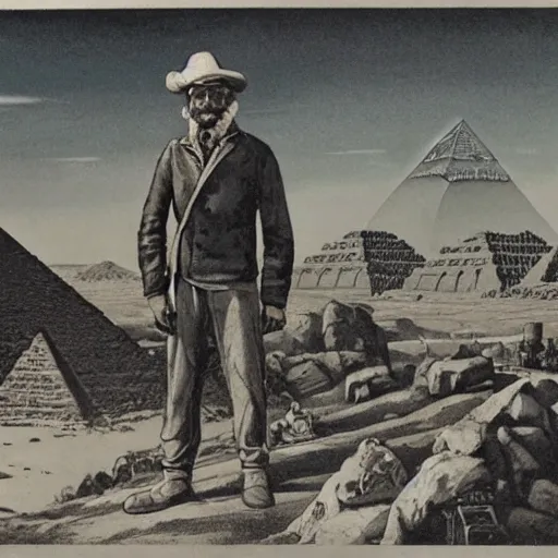 Prompt: 19th century scruffy american trapper, standing next to desert oasis, sphinx and pyramids in background, pulp science fiction illustration