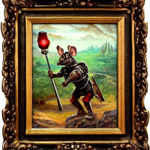 Image similar to armored mouse warrior reaches for floating crystal, famous oil painting, award winning, 8k scan