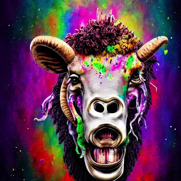 Prompt: cute xenomorph, cow head, lion mane, pig nose, sheep horns, splatter paint, desaturated rainbow color palette, symmetrical, golden ratio, full front portrait