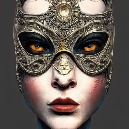 Image similar to Very very very very highly detailed epic photo of beautiful face with carnival mask, intricate, dystopian, sci-fi, extremely detailed, digital painting, artstation, concept art, smooth, sharp focus, illustration, intimidating lighting, incredible art by Anton Pieck