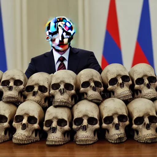 Prompt: a pile of skulls on the table of putin