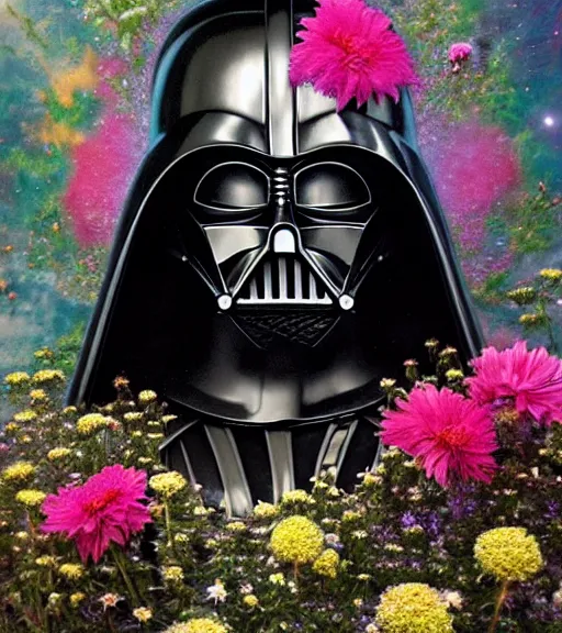 Image similar to portrait of darth vader of star wars, surrounded by flowers by karol bak, james jean, tom bagshaw, rococo, trending on artstation, cinematic lighting, hyper realism, octane render, 8 k, hyper detailed.