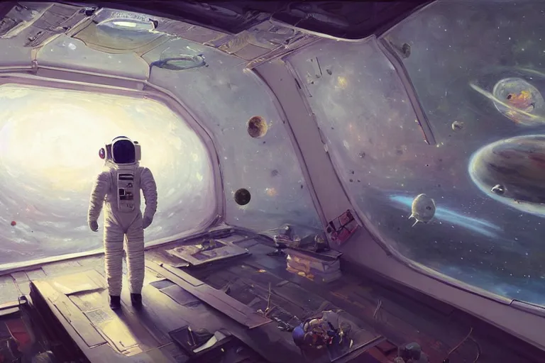 Prompt: an astronaut in a floating art museum, space, expressive oil painting, by greg rutkowski, by james gilleard, digital, trending on artstation, octane render, highly detailed, detailed astronaut