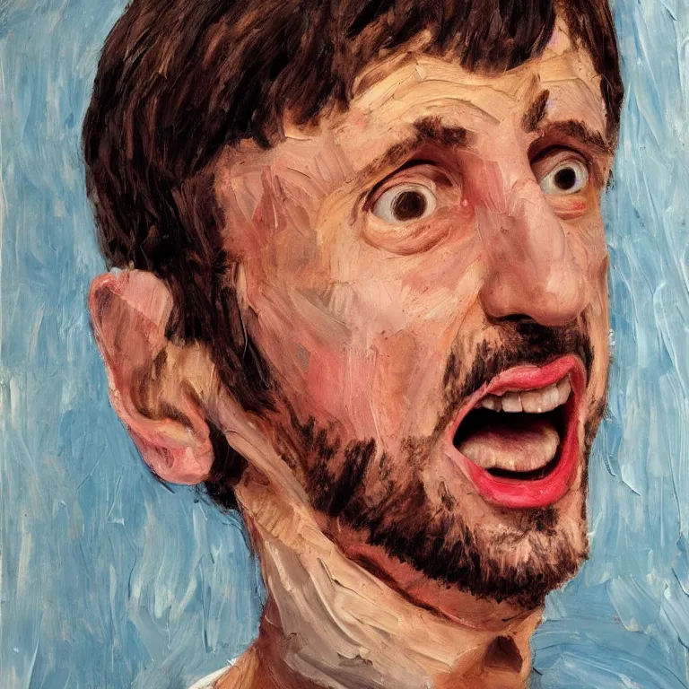 Prompt: warmly lit close up studio portrait of young furiously angry!! Ringo Starr in 1965 angrily singing, impasto oil painting thick brushstrokes by Lucian Freud and Cy Twombly and Tim Hawkinson , trending on artstation dramatic lighting Expressionism