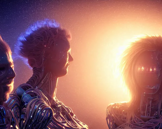 Image similar to realistic textured magnetosphere, beautiful hairy humanoids, love, joy, complex cybernetic beings, glowing hair, vortexes, large array, ornate hair, cinematic light shadows, wet hdr refractions, insanely detailed rendering, cybernetic civilizations, 8 k, * * * * *