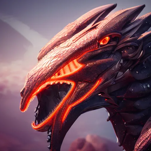 Image similar to stunning shot of a beautiful anthropomorphic robot female dragon, with smooth and streamlined armor, posing elegantly, well detailed dragon head with epic detailed LED eyes, warm maw, sharp and dangerous sleek design, two arms, beautiful digital art, artstation, DeviantArt, FurAffinity, professional, depth of field, close-up, hd, octane render, sunset lighting