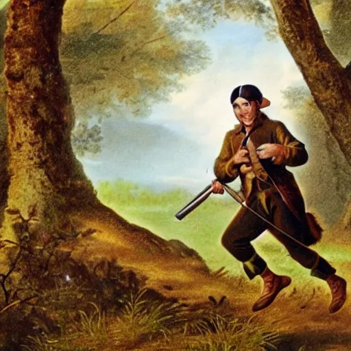 Image similar to 4 k photo of davy crockett running through woods with a flintlock