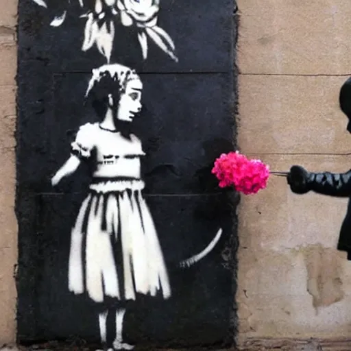 Prompt: a young girl giving flowers to a poor man by Banksy