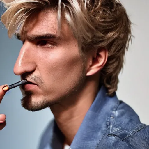 Image similar to a closeup photo of handsome gigachad xqc smoking