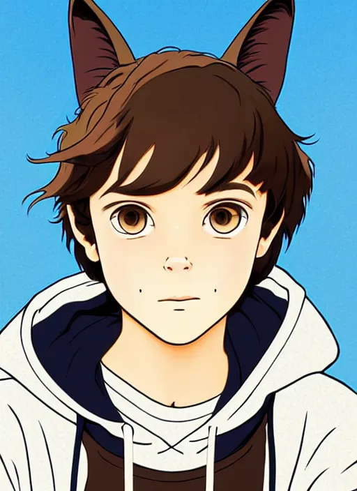 Image similar to teen boy with brown hair and big blue eyes, wearing a black hoodie with cat ears on top of it, natural lighting, path traced, highly detailed, high quality, cartoon, digital painting, by don bluth and ross tran and studio ghibli and alphonse mucha