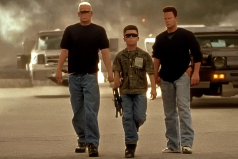 Prompt: hank hill from king of the hill as a terminator, protecting bobby hill as john connor, movie still, from the movie terminator 2 judgement day, 8 k, cinematic lighting