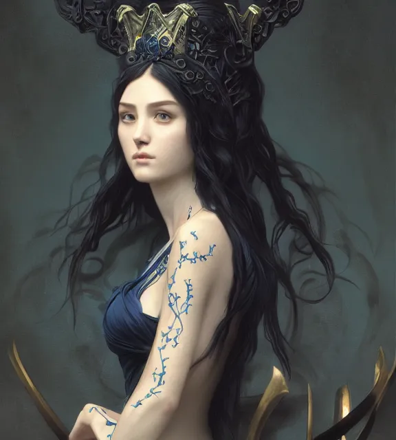 Image similar to god of death, in the underworld, elegant dark blue dress, very detailed, throne, very intricate details, jewelry, delicate tattoos, elaborate long hairstyle, cinematic, artstation, william bouguereau, greg rutkowski, rossdraws, octane render