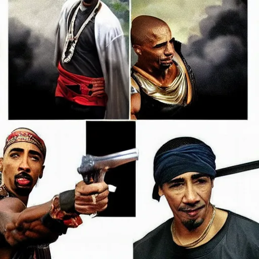 Prompt: tupac and obama having an epic swordfight, cinematography, action movie