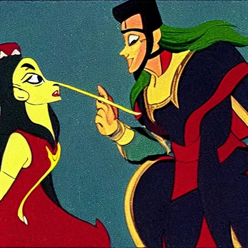 Image similar to Film still, animation frame of the trickster god Loki playing a trick on princess, from the Disney animated film, Valhalla (1996)