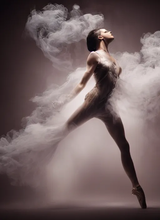 Image similar to a Photorealistic dramatic hyperrealistic render of a glamorous beautiful Female smoke dancer by Ken Brower and Deborah Ory of NYC Dance project,Lois Greenfield,Flowing cloth and smoke,Beautiful dynamic dramatic dark moody lighting,volumetric,shadows,cinematic atmosphere,Octane render,8K