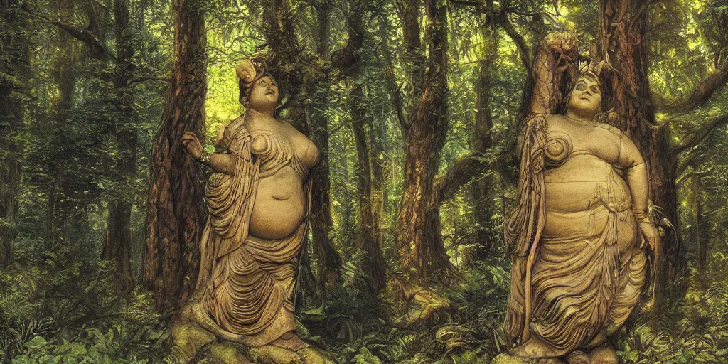 Prompt: Ancient statue lost in the heart of the forest depicting to the chubby ancient goddess of earth and trees wearing silks and leaves | dramatic light | cinematic lighting | sunshafts, volumetric lighting | golden hour | style of donato giancola