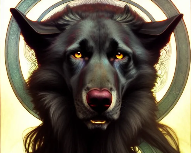 Image similar to barghest, portrait, highly detailed, deep focus, elegant, digital painting, smooth, sharp focus, illustration, ultra realistic, 8 k, art by artgerm and alphonse mucha and edgar maxence