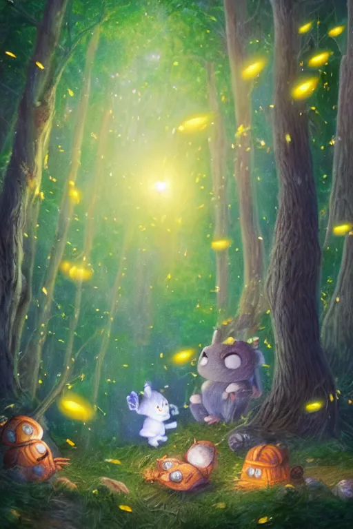 Image similar to Cute fireflies in a magical forest, oil canvas art by Basia tran fader, Katie Risor, Sandie Sonke and Maurice Sendak, 8k, ultra realistic , lens flare, atmosphere, glow, detailed,intricate, full of colour, cinematic lighting, trending on artstation, 4k, hyperrealistic, focused, extreme details,unreal engine 5, cinematic, masterpiece