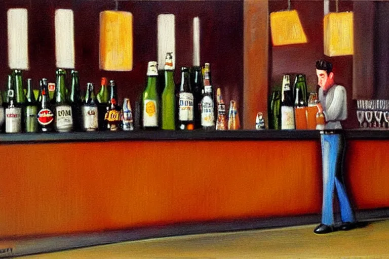 Image similar to a drunken bottle of beer stands a bar yelling at the bar tender, art by dean macadam