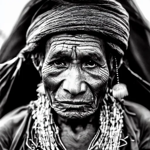 Prompt: portrait of nepalese shaman, 7 0 yo, annoyed look, dark background, volumetric light, hdr, nikon 2 4 mm f / 1. 8 g, by sebastiao salgado