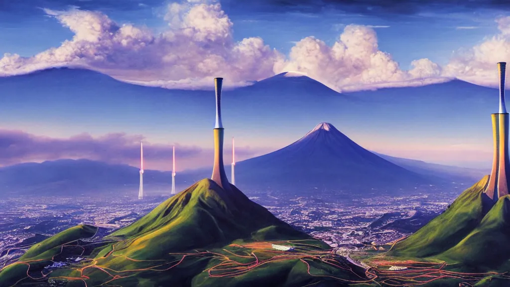 Prompt: Epic Nuclear power towers gracefully over the mountain valley of Quito, Ecuador; by Oswaldo Moncayo and Vincent Callebaut; oil on canvas; Art Direction by James Cameron; Location: Quito Ecuador 4K, 8K; Ultra-Realistic Depth Shading