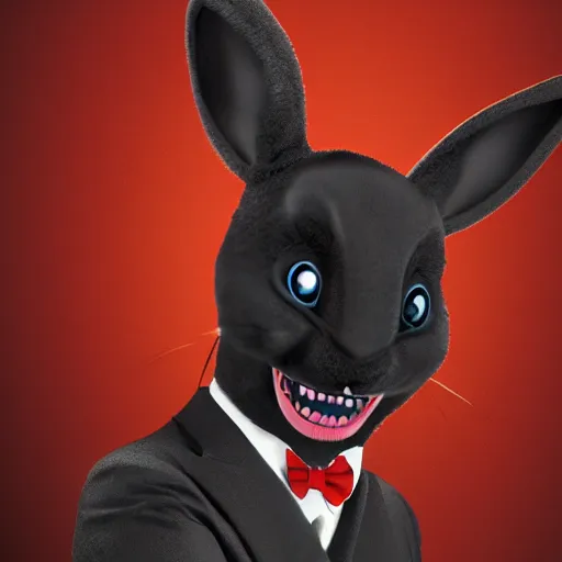 Image similar to A extremely highly detailed majestic hi-res beautiful, highly detailed head and shoulders portrait of a scary terrifying, horrifying, creepy black cartoon rabbit with a bowtie and scary big eyes, earing a shirt laughing, hey buddy, let's be friends, in the style of Walt Disney