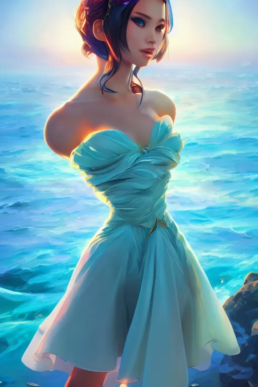 Image similar to a beautiful fashion goddness of love, chic strapless dress, tropical sea background, character design, in the style of artgerm, and wlop, cinematic lighting, hyperdetailed, 8 k realistic, symmetrical, global illumination, radiant light, frostbite 3 engine, cryengine, dof, trending on artstation, digital art