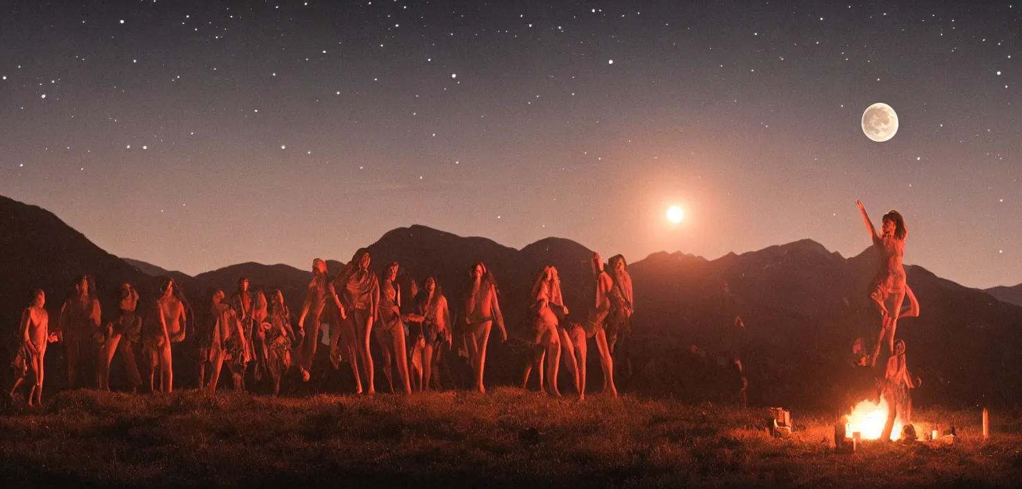 Image similar to a very high resolution historical image. a giant full moon in the mountains while young women float into the air levitating in firelight as the satanic ritual climaxes, 2 4 mm, photorealistic, photography, night directed by wes anderson