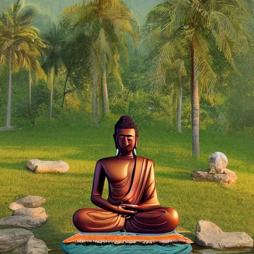 Image similar to contented peaceful haitian!! buddha, praying meditating, in a scenic environment, detailed, golden hour, realism, artstation trending, digital art