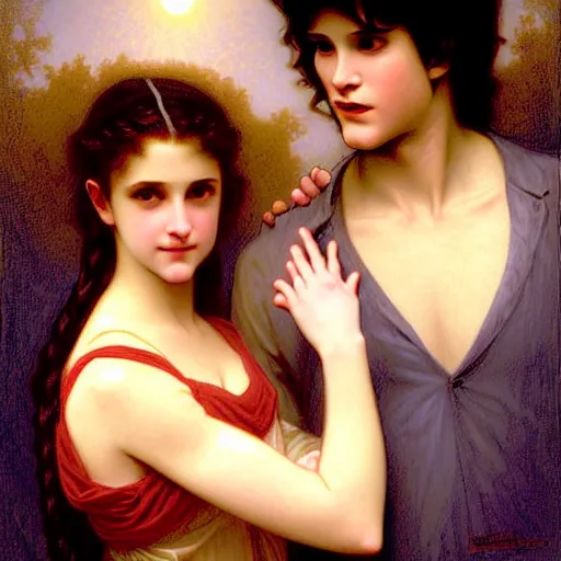 Image similar to twilight version of stranger things, portrait of edward and bella by william - adolphe bouguereau in the style of gaston bussiere, art nouveau