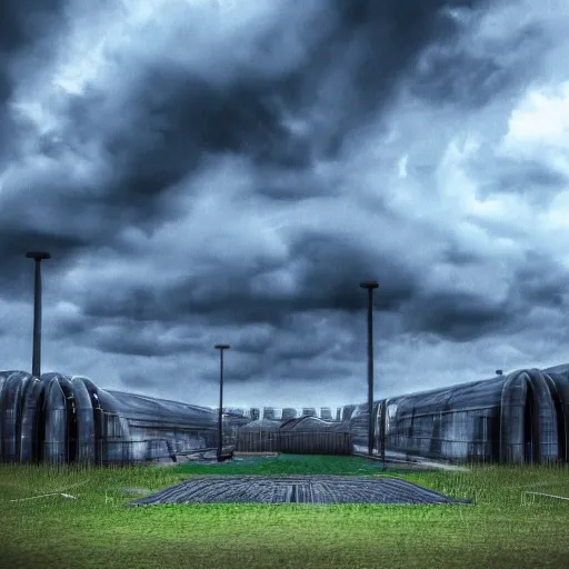 Image similar to Stormy sky with thunders, pipes and vaults system in the background, depth of field, blueshift render, photorealistic