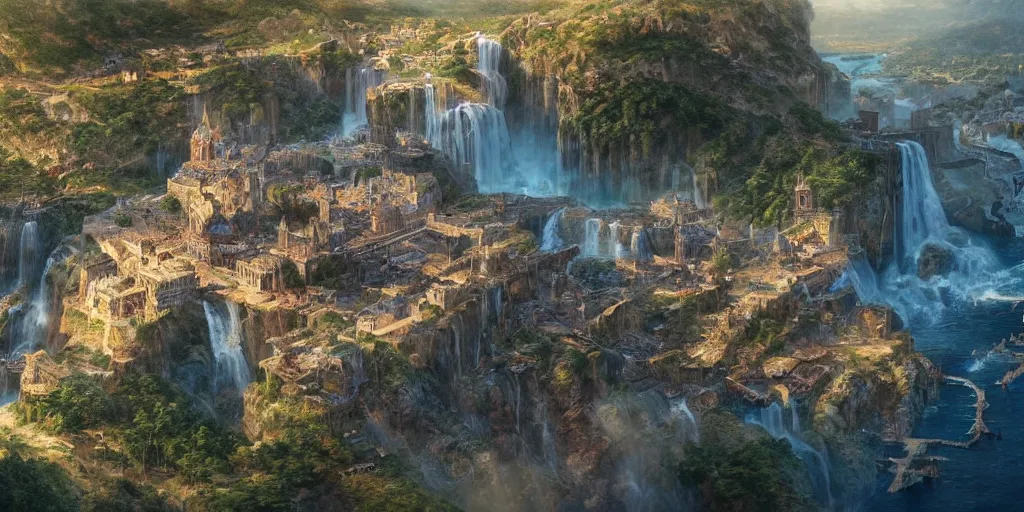 Image similar to Aerial map of a medieval city on top of a giant waterfall, D&D, fantasy, highly detailed, digital painting, artstation, smooth, sharp focus, illustration, art by artgerm and greg rutkowski and james gurney, cinematic, golden hour