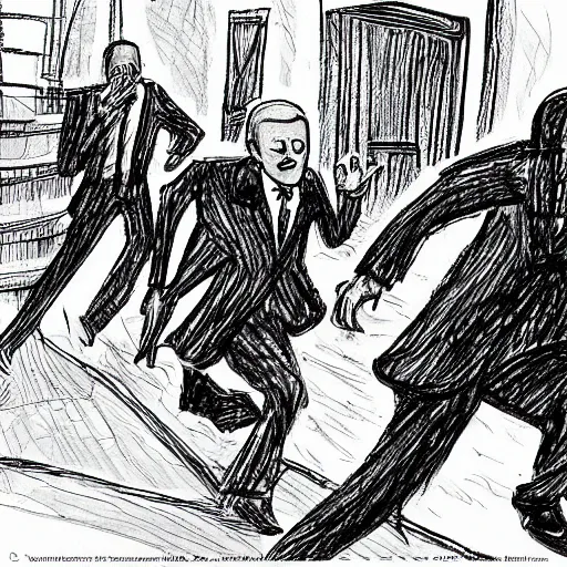 Image similar to detailed Joe Biden running away through the halls of the White House, zombies following him in the background