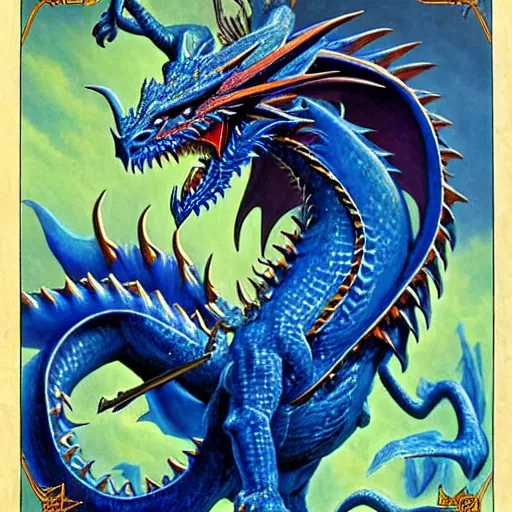 Image similar to half length portrait of a medieval d & d fantasy anthropomorphic blue dragon, d & d rulebook cover art by jeff easley