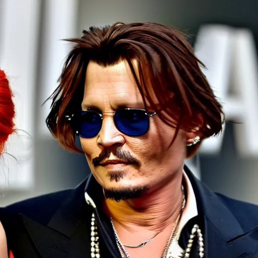 Prompt: johnny depp with his new girlfriend ginger hair woman detailed face detailed 8 k