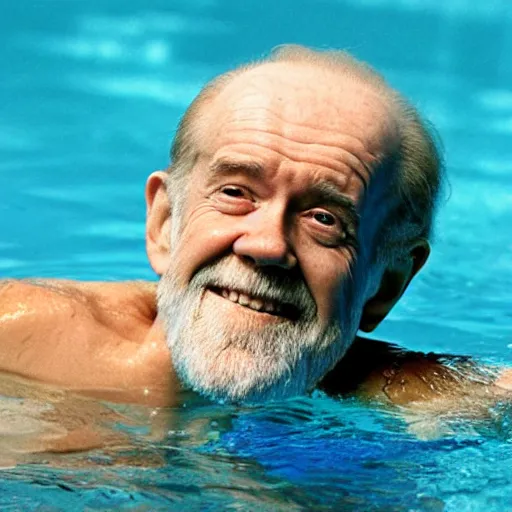 Prompt: george carlin swimming in a pool, photography, silly,