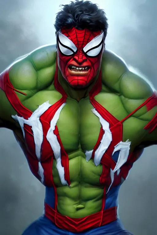 Image similar to characters portrait of Hulk mixed with Spiderman by ArtGerm and Tom Bagshaw, merged character, Full body shot, cinematic opening shot, 4k, highly detailed, cinematic lighting