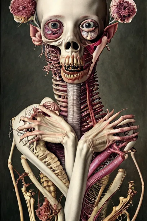 Image similar to Detailed maximalist portrait with large lips and eyes, scared expression, botanical anatomy, skeletal with extra flesh, HD mixed media, 3D collage, highly detailed and intricate, surreal illustration in the style of Jenny Saville, dark art, baroque, centred in image