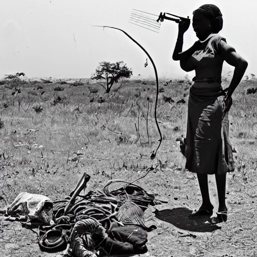 Image similar to wide angle photo of African woman inspecting laser gun ancient device, tools and junk on the ground,wires and lights, old village in the distance, vintage old photo, black and white, sepia