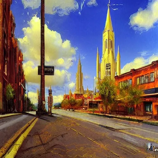 Prompt: a beautiful street art of a cityscape with tall spires and delicate bridges. eraserhead by arthur streeton, by phil koch colorful, passionate