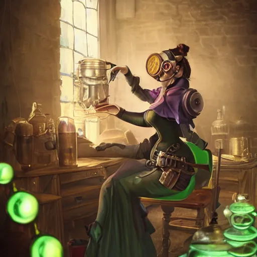 Prompt: subject = (steampunk alchemist with goggles concentrating on her latest creation), foreground = (a flask filled with glowing green liquid, specular highlights within, volumetric light, ray traced), background = (medieval alchemical workshop, filled with supplies), by ross tran, cgsociety, artstation, digital art, highly detailed, beautiful, award winnning, action action action, tilt shift, dramatic