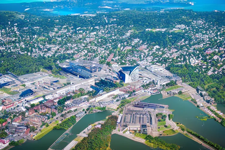 Image similar to bird's eye view photography of a small city. town hall, central farm, monorail station, beach and shipping dock. hills, woods and lake to the north.