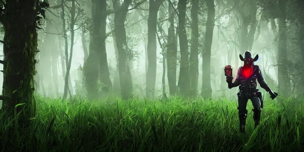 Image similar to inside of lush summer green landscape a strange gamekeeper wearing a steampunk and cyberpunk mechanical fluorescent mystical animal mask and red hood. walking in the misty dangerous swamp. in style of fornite game. night fog, beautiful render, octane render