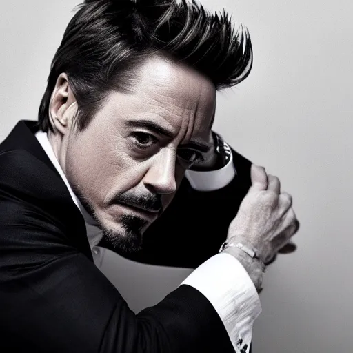 Prompt: Robert Downey Jr. with a very tired and tired face rolls his eyes, in a business black suit crossed his arms, stands indoors, the background is blurred, focus in the foreground, realism, details,