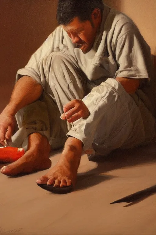 Prompt: george castaneda stabbing his toe, oil on canvas, intricate, portrait, 8 k highly professionally detailed, hdr, cgsociety