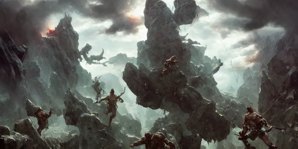 Image similar to epic battle barbarian norse gods thunder inverted individual rocks hanging from the sky two worlds facing each other horizontal symmetry inception good composition artstation illustration sharp focus sunlit vista painted by ruan jia raymond swanland lawrence alma tadema zdzislaw beksinski norman rockwell tom lovell alex malveda greg staples