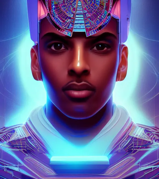 Image similar to symmetry!! egyptian prince of technology, solid cube of light, hard edges, product render retro - futuristic poster scifi, lasers and neon circuits, brown skin man egyptian prince, intricate, elegant, highly detailed, digital painting, artstation, concept art, smooth, sharp focus, illustration, dreamlike, art by artgerm