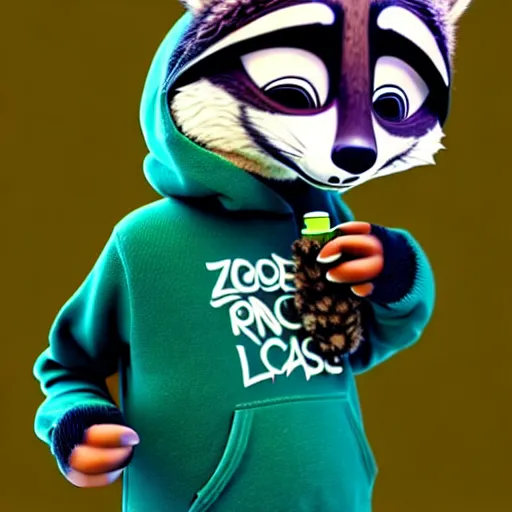 Image similar to a very relaxed stoner with a black hoodie on with a furry raccoon head from zootopia, wearing teal beanie, holding a small vape, blowing out smoke, 3 d render, 8 k, 4 k, extremely detailed fur, wearing a cool marijuana leaf t - shirt